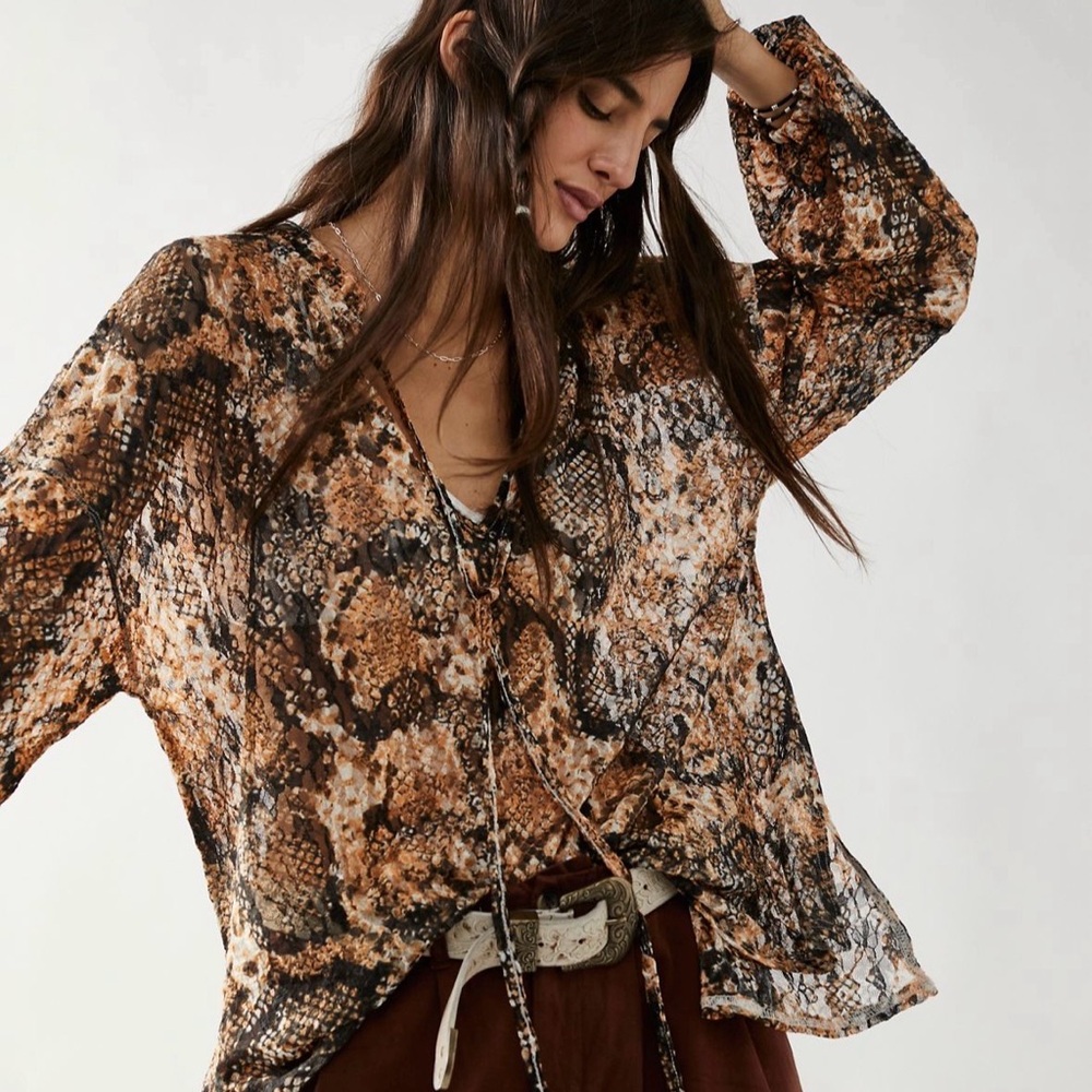 Free People Out For The Night Snake Print Top Blouse Brown Black Large Sheer